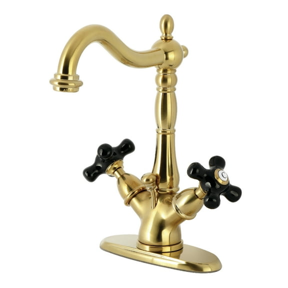 Kingston Brass KS1437PKX Double-Handle 1-or-3 Hole Deck Mount 4-Inch Centerset Bathroom Faucet with Brass Pop-Up in Brushed Brass