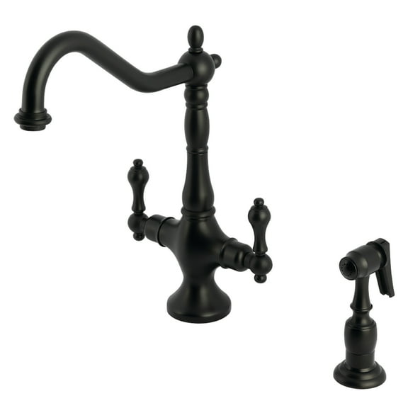 Kingston Brass KS1770ALBS Heritage Two-Handle 2-Hole Kitchen Faucet with Brass Sprayer in Matte Black