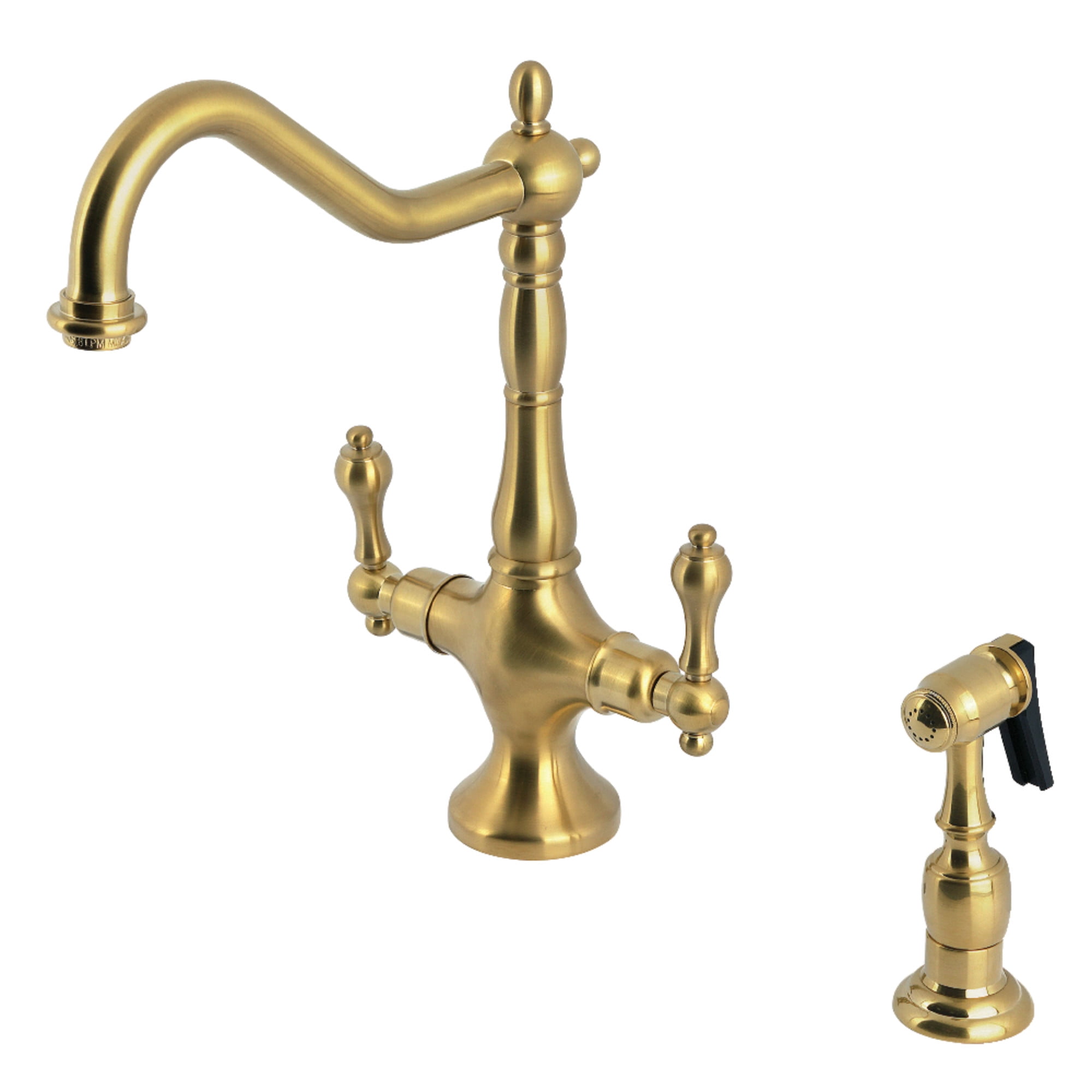 Kingston Brass KS1777ALBS Heritage Two-Handle 2-Hole Kitchen Faucet with Brass Sprayer in Brushed Brass