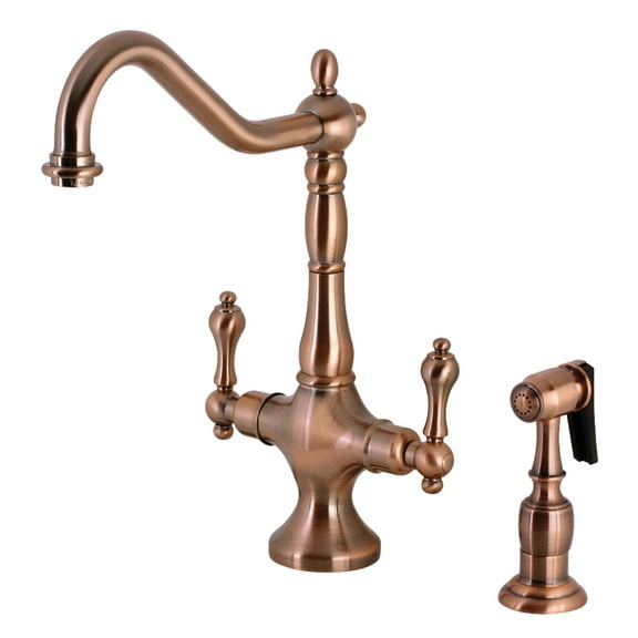Kingston Brass KS177ALBSAC Heritage Two-Handle 2-Hole Kitchen Faucet with Brass Sprayer in Antique Copper