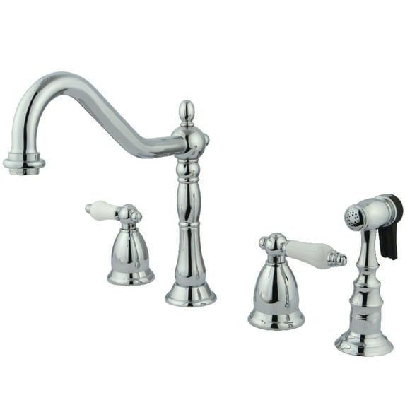 Kingston Brass KS1791PLBS Heritage Double-Handle 4-Hole Widespread Kitchen Faucet with Brass Sprayer in Polished Chrome