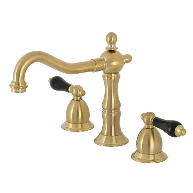 Duchess Brushed Brass Widespread Bathroom Faucet with Black Porcelain Handles