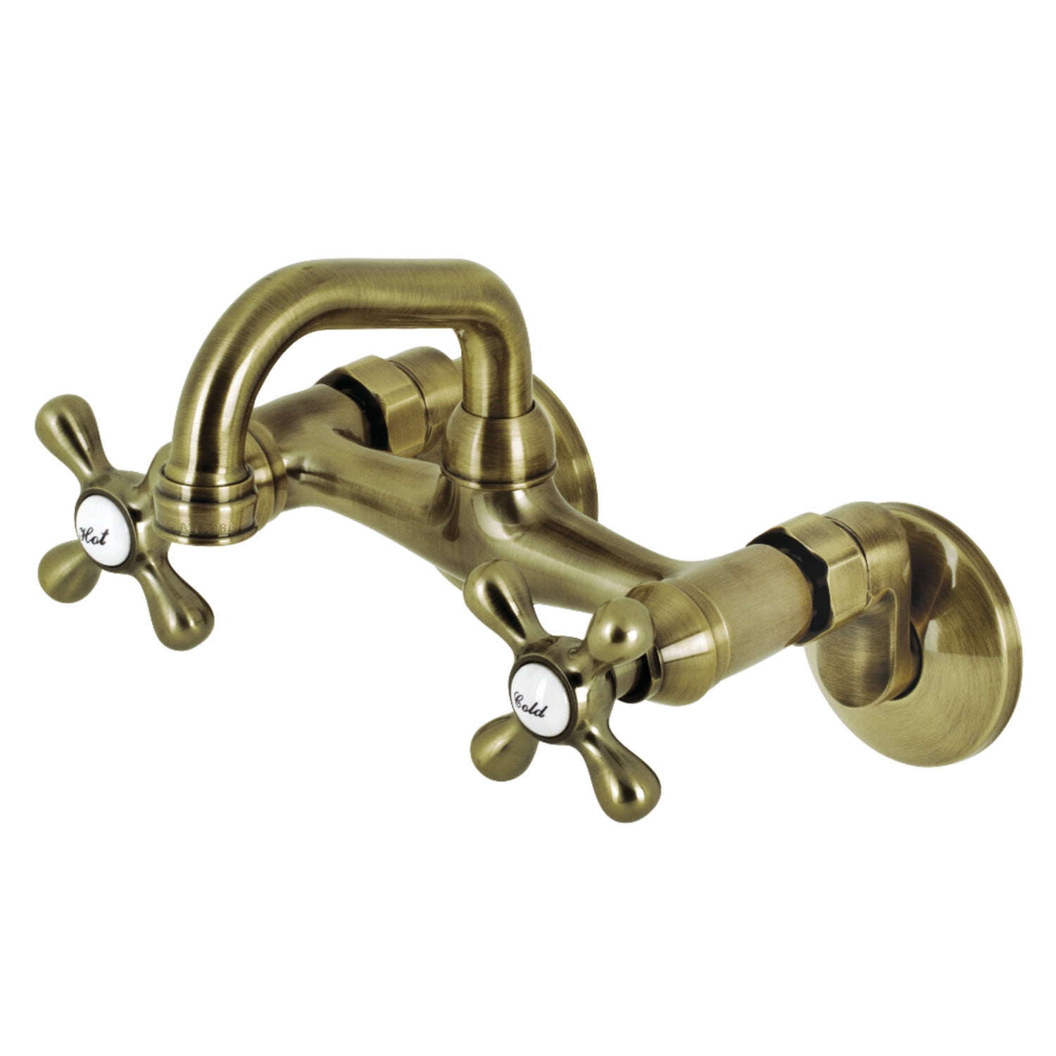 Antique Brass Cross-Handle Wall-Mount Kitchen Faucet