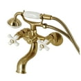 thumbnail image 1 of Kingston Brass KS225PXSB Kingston Three-Handle 2-Hole Tub Wall Mount Clawfoot Tub Faucet with Hand Shower in Brushed Brass, 1 of 7