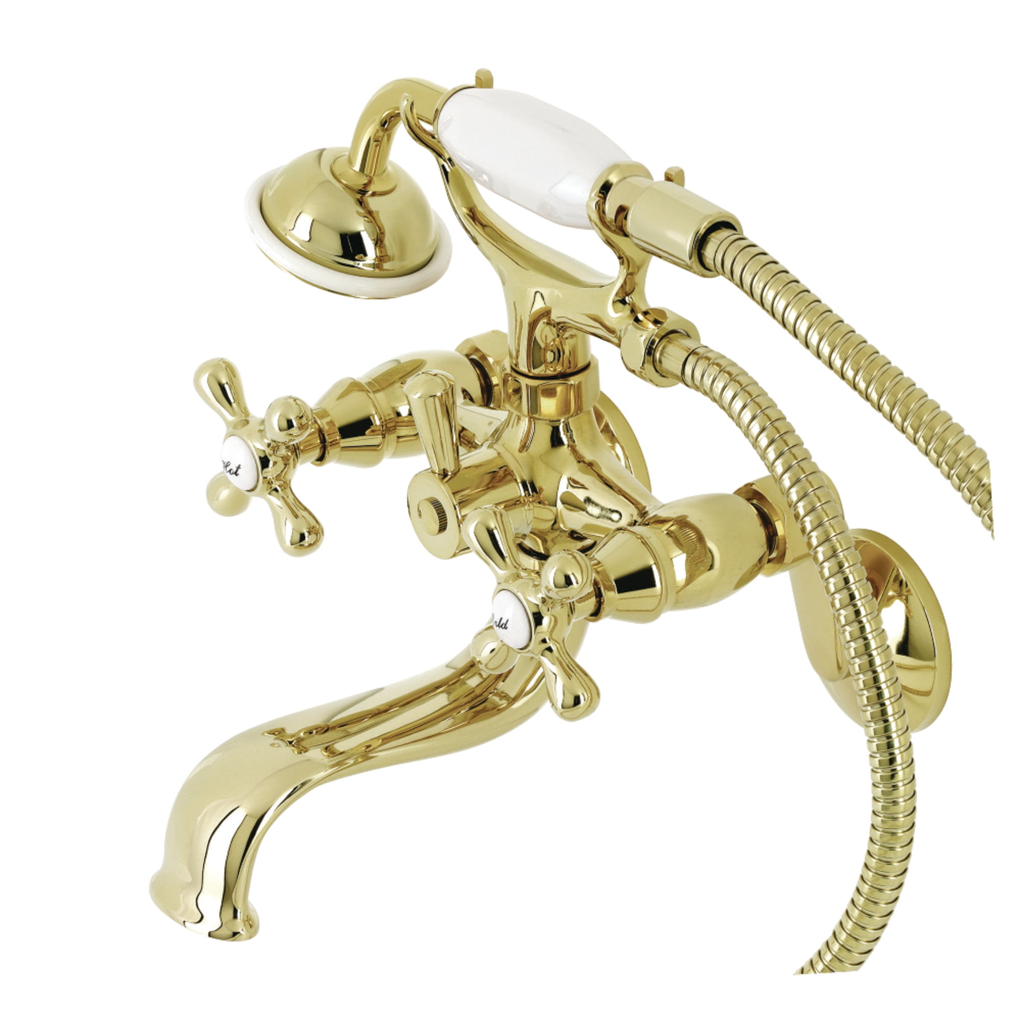 Kingston Brass KS226PB Kingston Wall Mount Tub Faucet with Hand Shower, Polished Brass