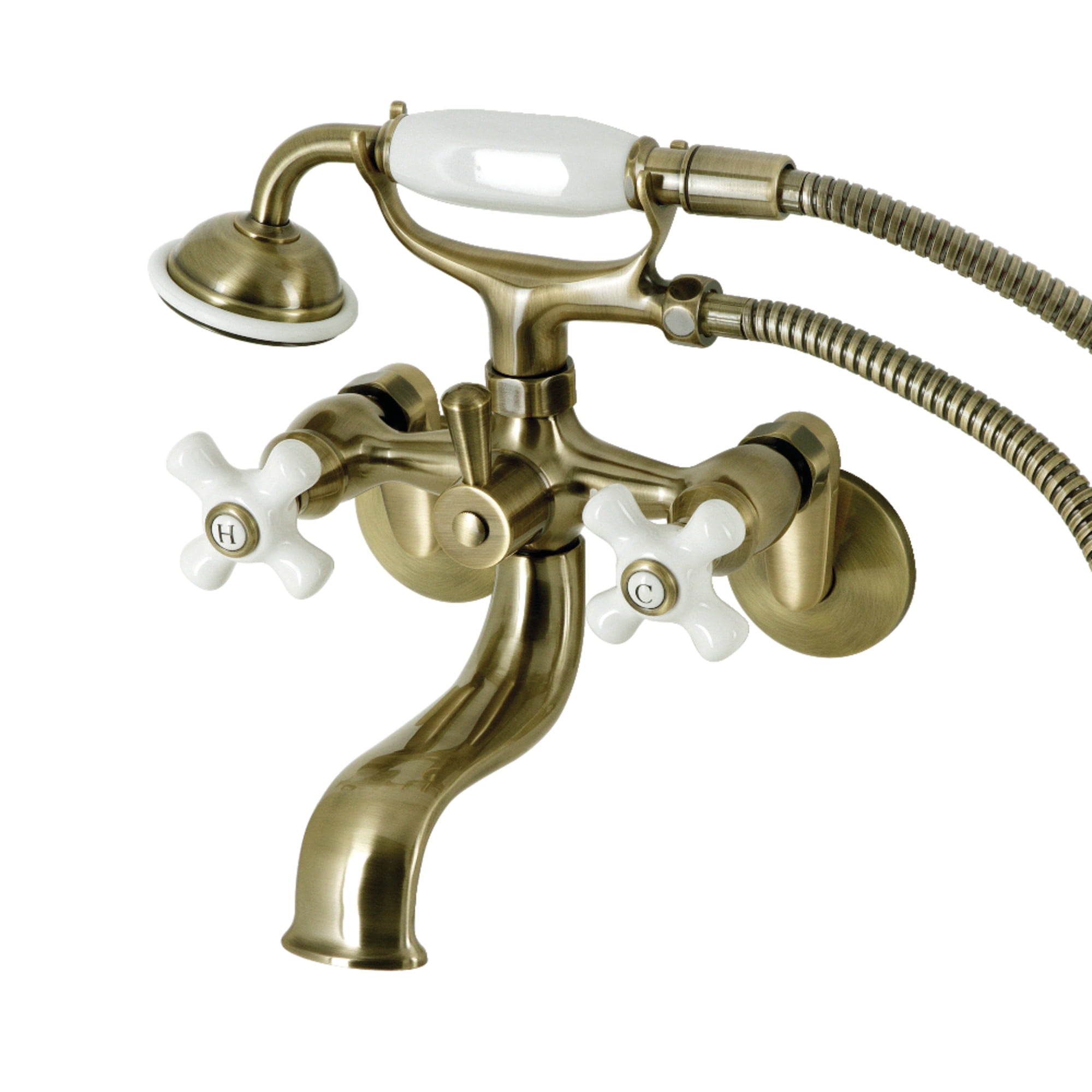 Kingston Brass KS226PXAB Kingston Three-Handle 2-Hole Wall Mount Clawfoot Tub Faucet with Hand Shower in Antique Brass