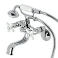 thumbnail image 1 of Kingston Brass KS226PXC Kingston Three-Handle 2-Hole Wall Mount Clawfoot Tub Faucet with Hand Shower in Polished Chrome, 1 of 7