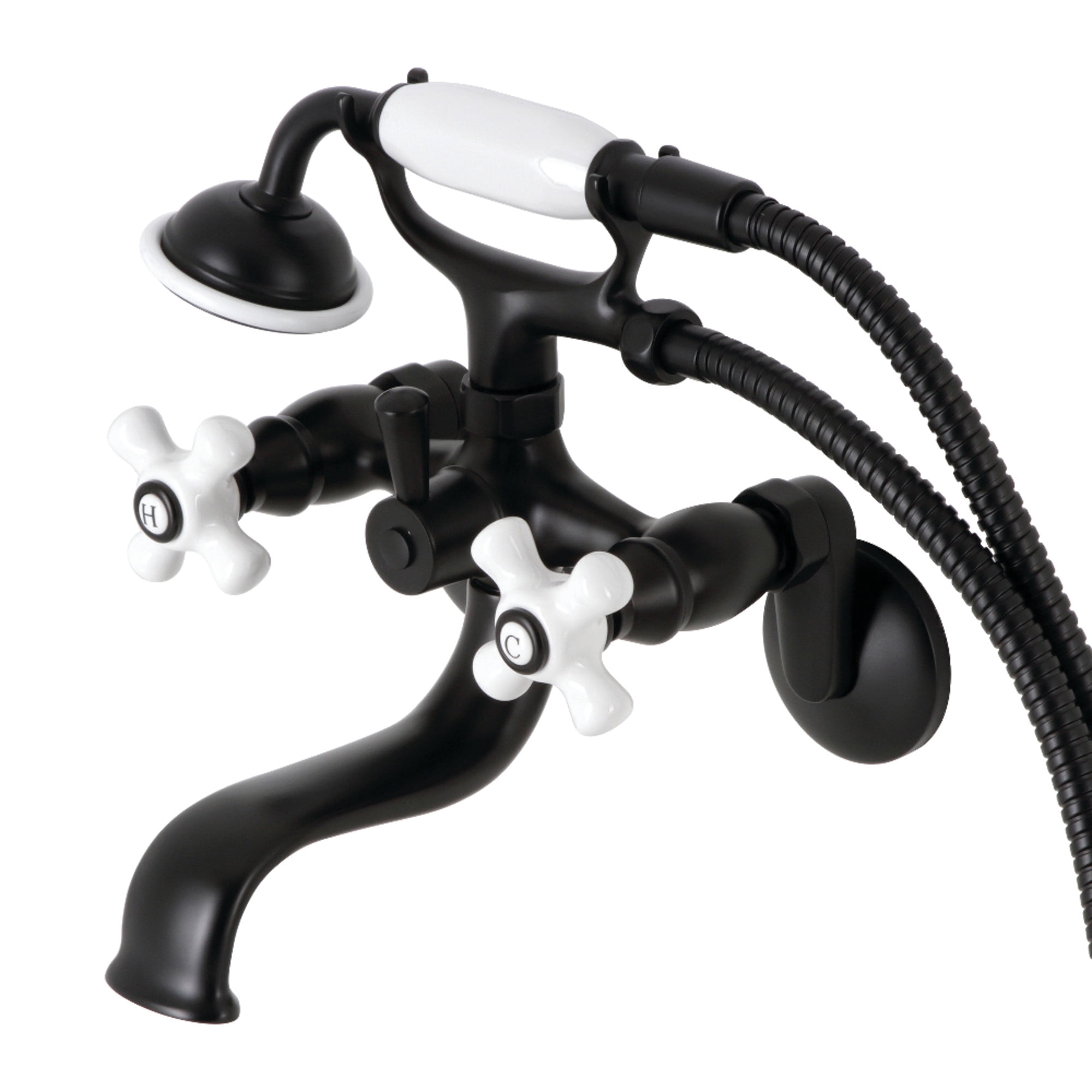 Kingston Brass KS226PXMB Kingston Three-Handle 2-Hole Wall Mount Clawfoot Tub Faucet with Hand Shower in Matte Black