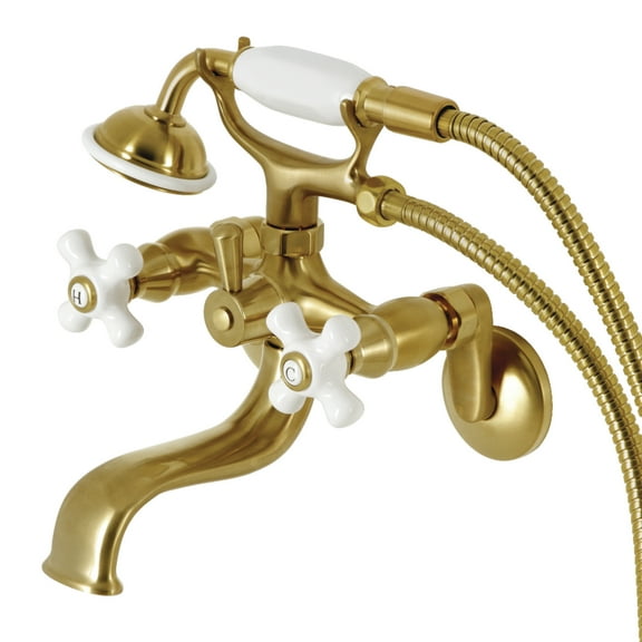 Kingston Brass KS226PXSB Kingston Three-Handle 2-Hole Wall Mount Clawfoot Tub Faucet with Hand Shower in Brushed Brass