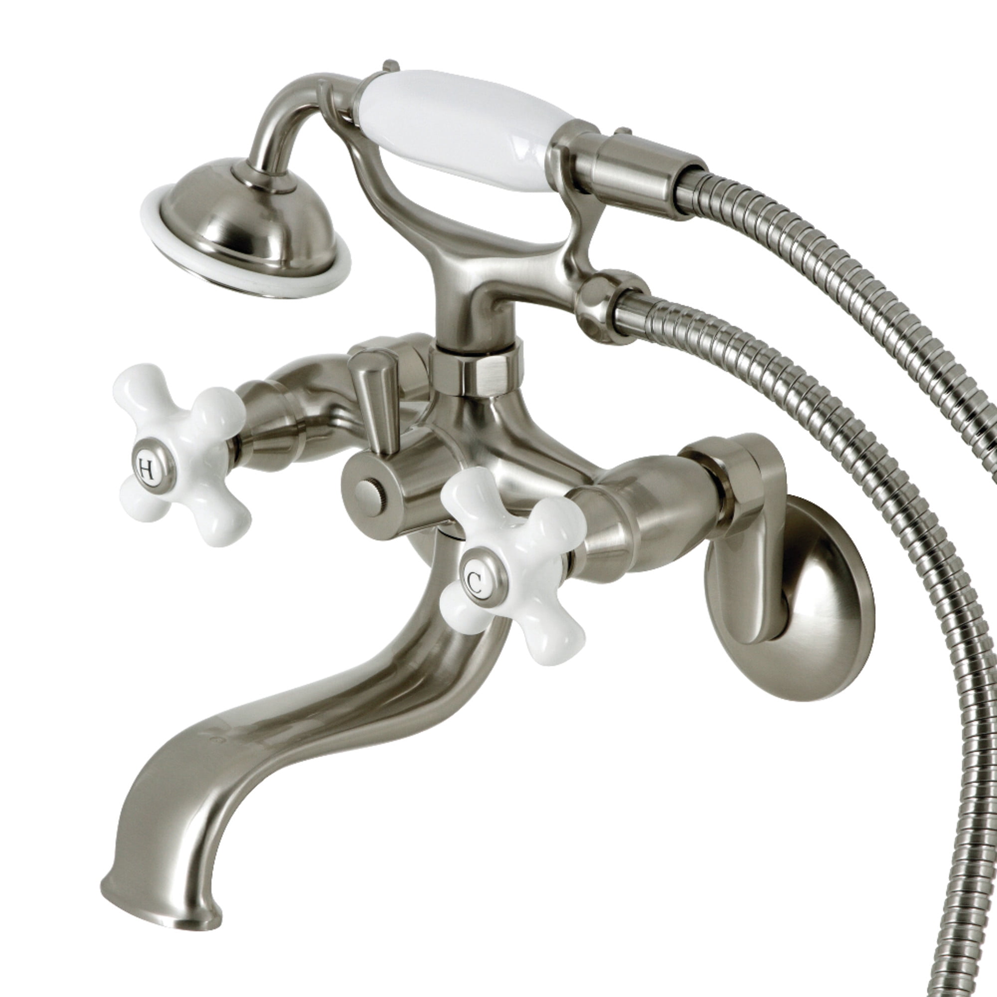Kingston Brass KS226PXSN Kingston Three-Handle 2-Hole Wall Mount Clawfoot Tub Faucet with Hand Shower in Brushed Nickel