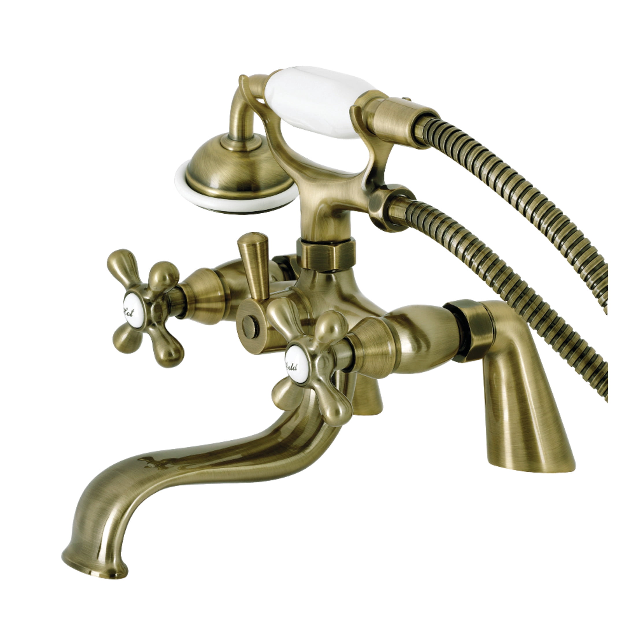 Kingston Brass KS227AB Kingston Three-Handle 2-Hole Deck-Mount Clawfoot Tub Faucet with Hand Shower in Antique Brass