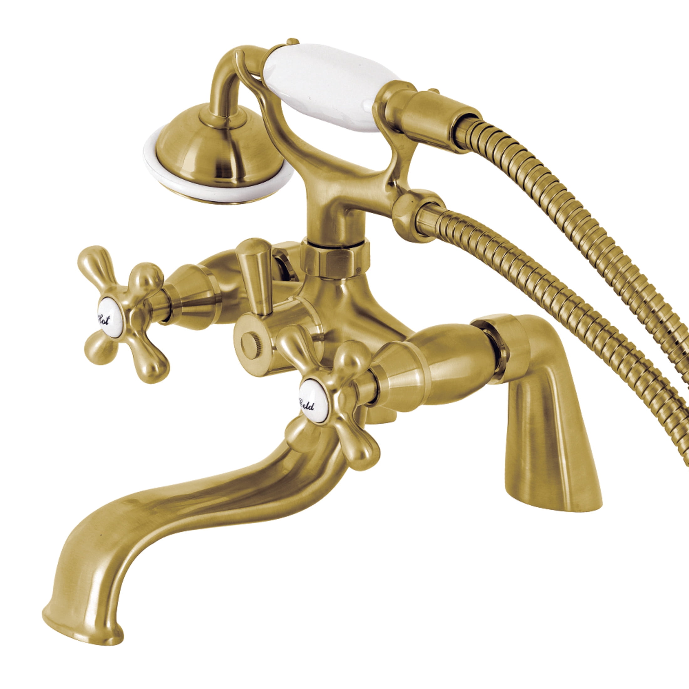 Kingston Brass KS227SB Kingston Three-Handle 2-Hole Deck-Mount Clawfoot Tub Faucet with Hand Shower in Brushed Brass