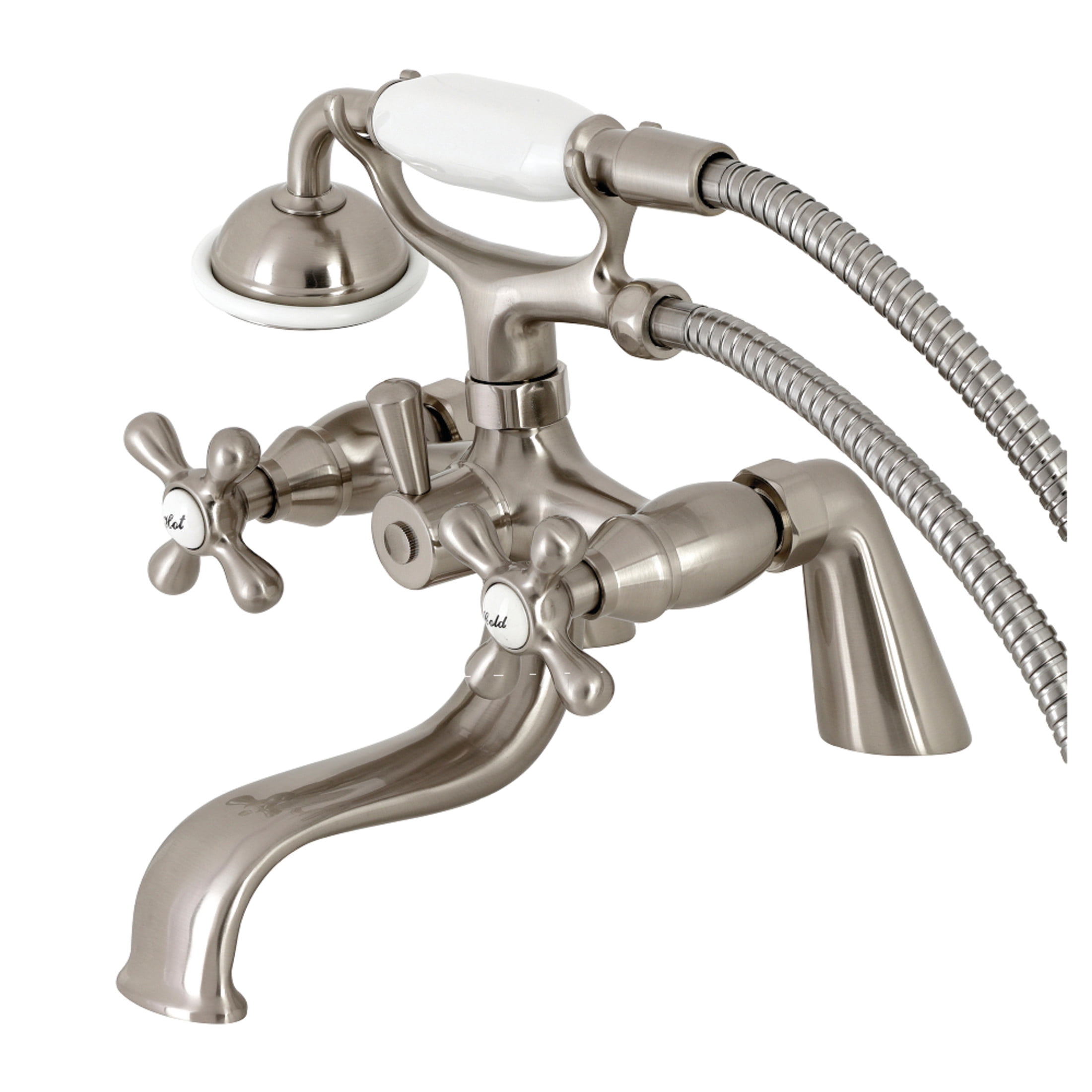 Kingston Brass KS227SN Kingston Three-Handle 2-Hole Deck-Mount Clawfoot Tub Faucet with Hand Shower in Brushed Nickel