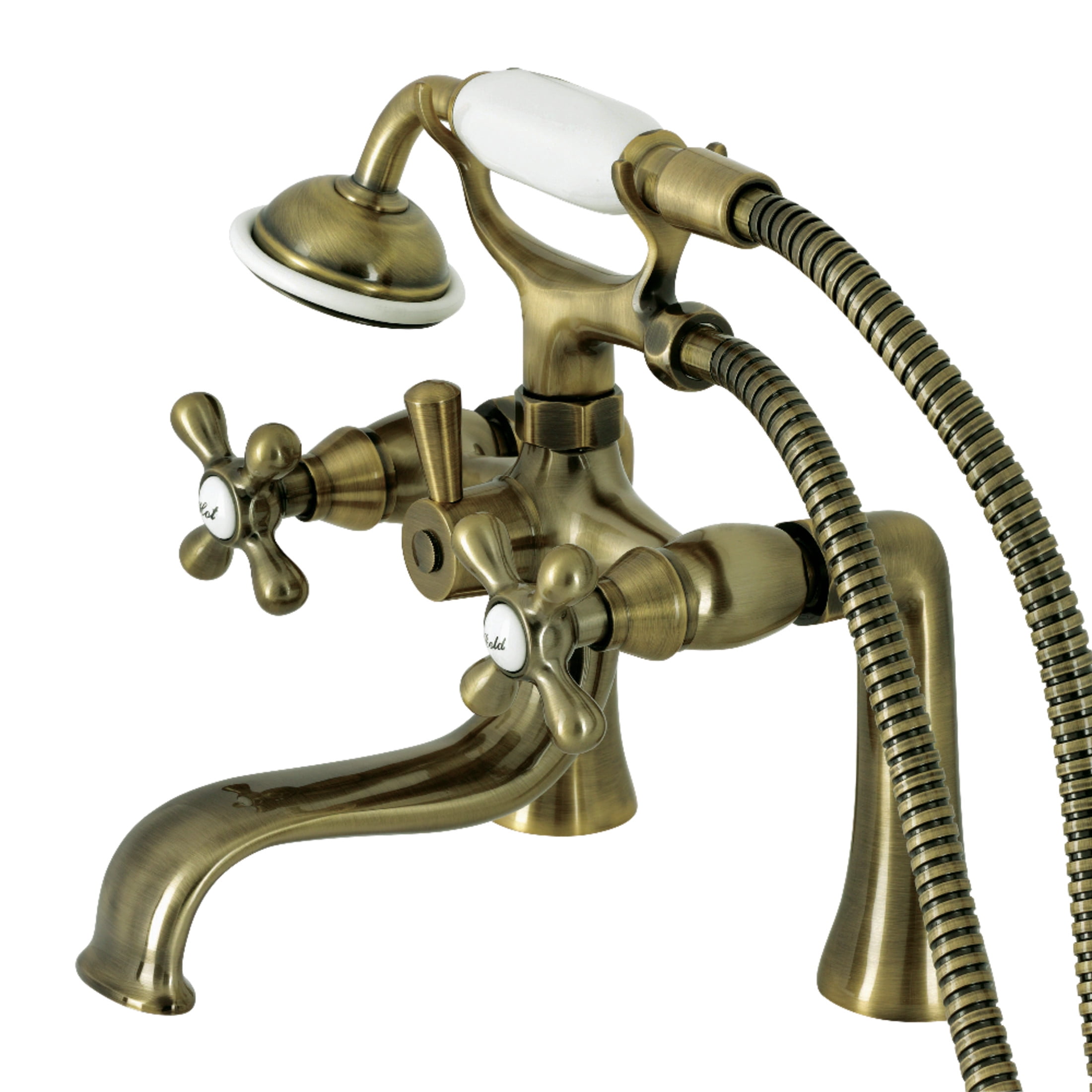 Kingston Brass KS228AB Kingston Three-Handle 2-Hole Deck-Mount Clawfoot Tub Faucet with Hand Shower in Antique Brass