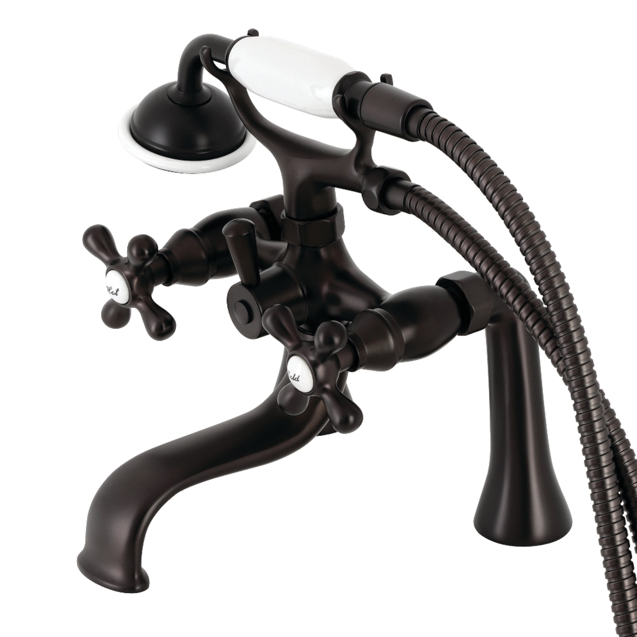 Kingston Brass KS228ORB Kingston Three-Handle 2-Hole Deck-Mount Clawfoot Tub Faucet with Hand Shower in Oil Rubbed Bronze