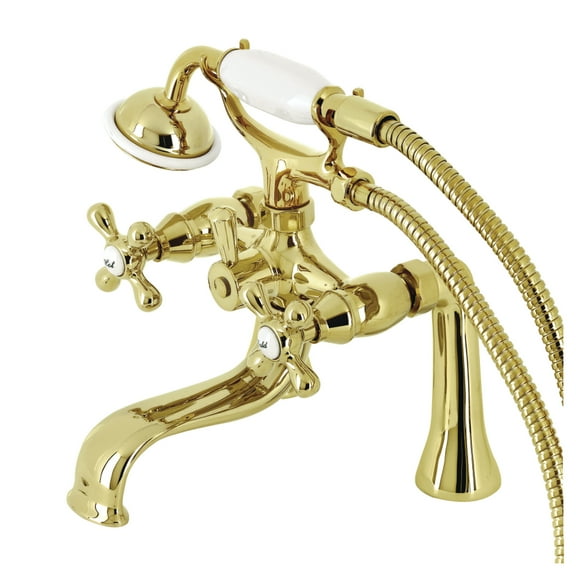 Kingston Brass KS228PB Kingston Three-Handle 2-Hole Deck-Mount Clawfoot Tub Faucet with Hand Shower in Polished Brass