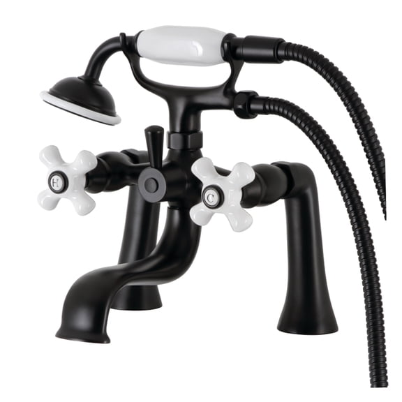 Kingston Brass KS228PXMB Kingston Three-Handle 2-Hole Deck-Mount Clawfoot Tub Faucet with Hand Shower in Matte Black