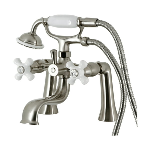 Kingston Brass KS228PXSN Kingston Three-Handle 2-Hole Deck-Mount Clawfoot Tub Faucet with Hand Shower in Brushed Nickel