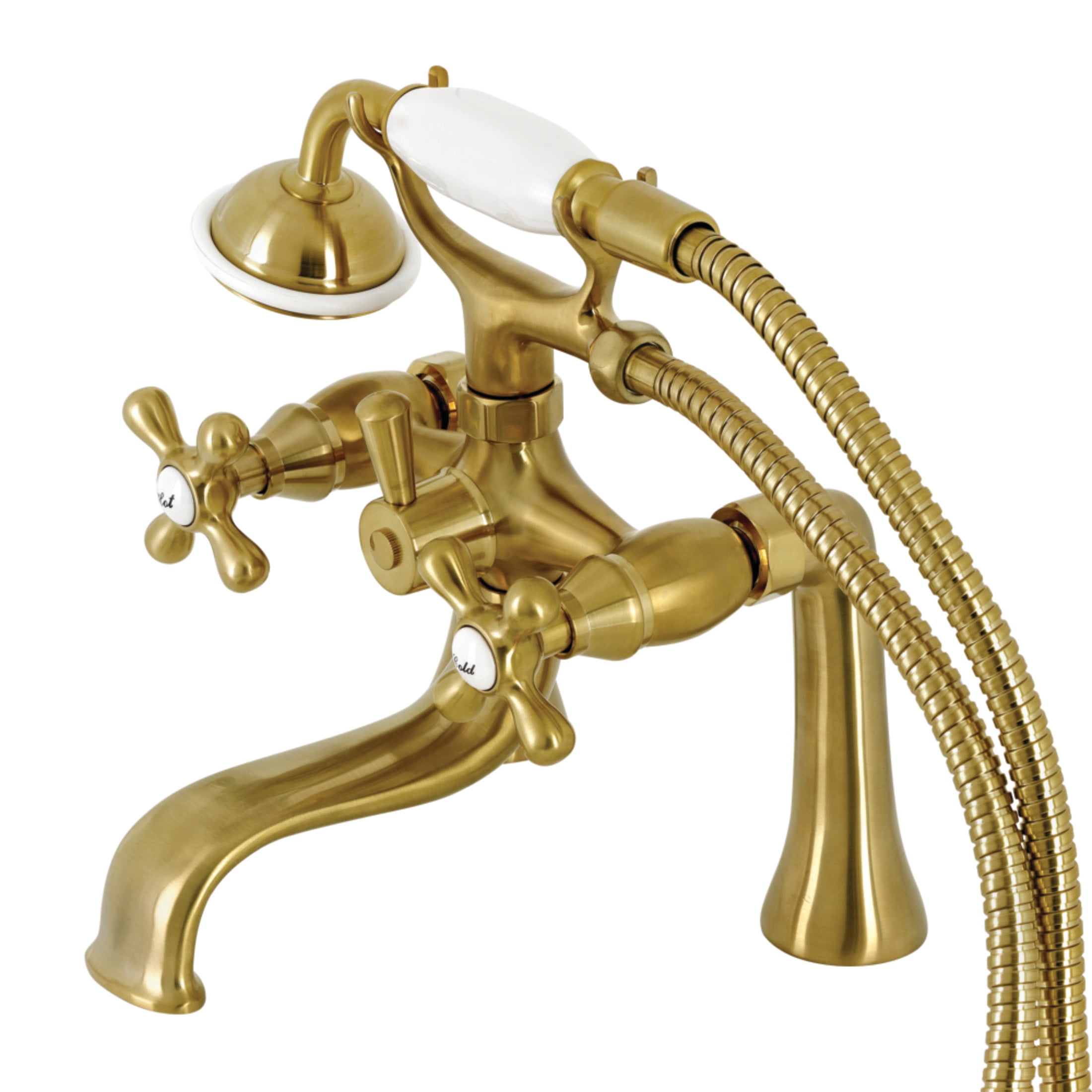 Kingston Brass KS228SB Kingston Three-Handle 2-Hole Deck-Mount Clawfoot Tub Faucet with Hand Shower in Brushed Brass