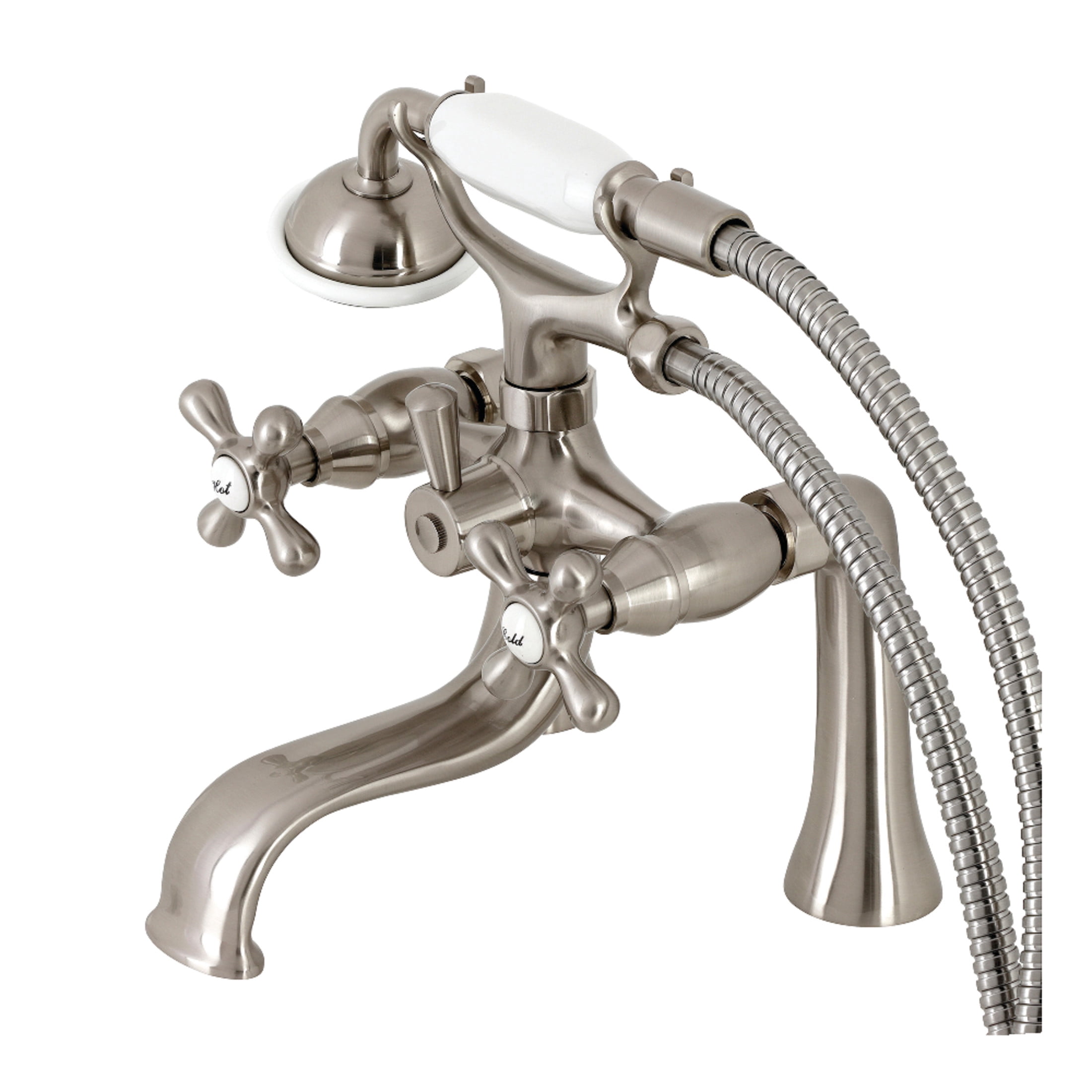 Kingston Brass KS228SN Kingston Three-Handle 2-Hole Deck-Mount Clawfoot Tub Faucet with Hand Shower in Brushed Nickel