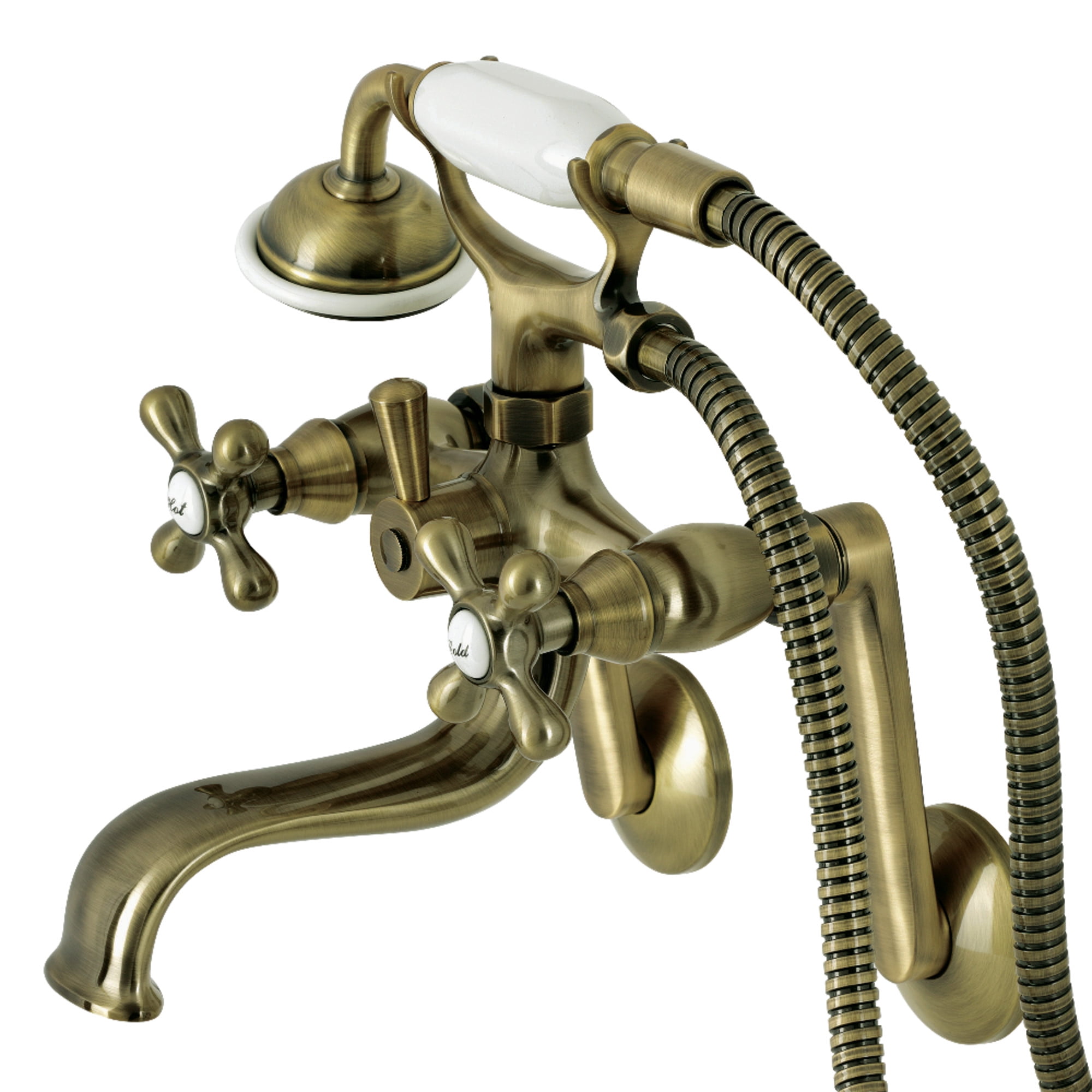 Kingston Brass KS229AB Kingston Wall Mount Clawfoot Tub Faucet with Hand Shower, Antique Brass