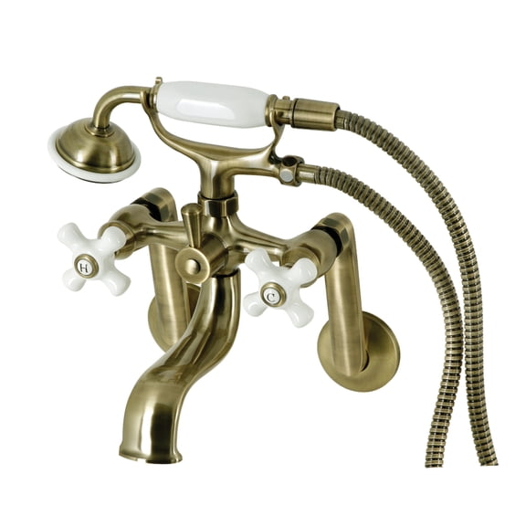 Kingston Brass KS229PXAB Kingston Three-Handle 2-Hole Tub Wall Mount Clawfoot Tub Faucet with Hand Shower in Antique Brass