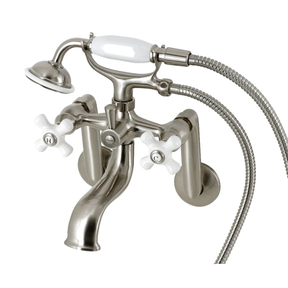Kingston Brass KS229PXSN Kingston Three-Handle 2-Hole Tub Wall Mount Clawfoot Tub Faucet with Hand Shower in Brushed Nickel