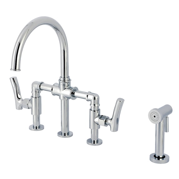 Kingston Brass KS2331TKL Hallerbos Two-Handle 4-Hole Deck Mount Bridge Kitchen Faucet with Brass Side Sprayer in Polished Chrome
