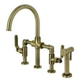 thumbnail image 1 of Kingston Brass KS2333KL Whitaker Two-Handle 4-Hole Deck Mount Industrial Style Bridge Kitchen Faucet with Brass Side Sprayer in Antique Brass, 1 of 7