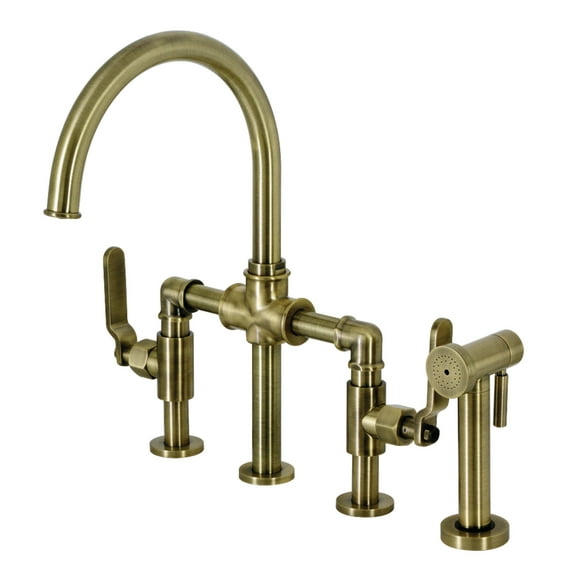 Kingston Brass KS2333KL Whitaker Two-Handle 4-Hole Deck Mount Industrial Style Bridge Kitchen Faucet with Brass Side Sprayer in Antique Brass