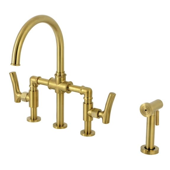 Kingston Brass KS2337TKL Hallerbos Two-Handle 4-Hole Deck Mount Bridge Kitchen Faucet with Brass Side Sprayer in Brushed Brass