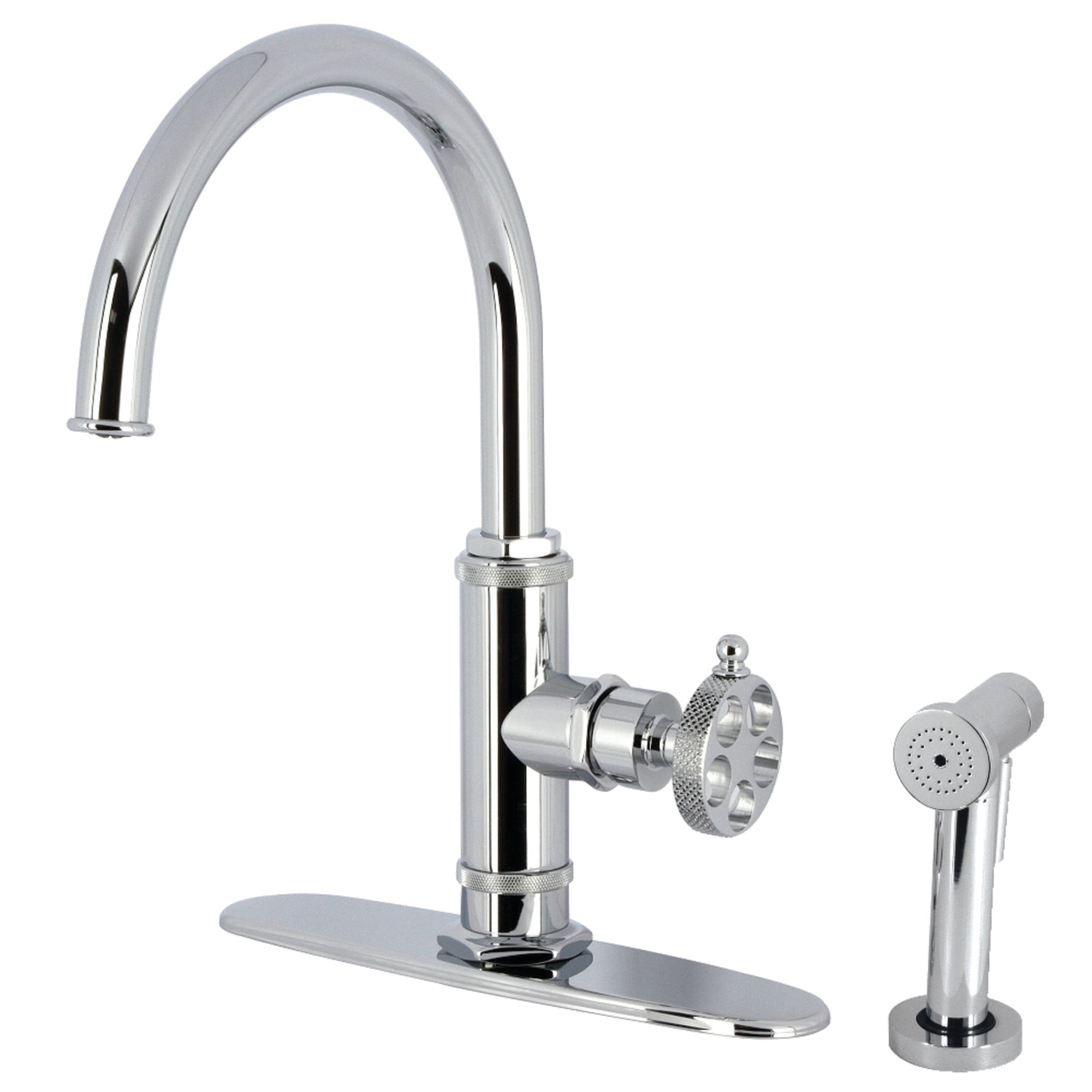 Kingston Brass KS2431RKX Webb Single-Handle Kitchen Faucet with Knurled Handle and Brass Side Sprayer, Polished Chrome