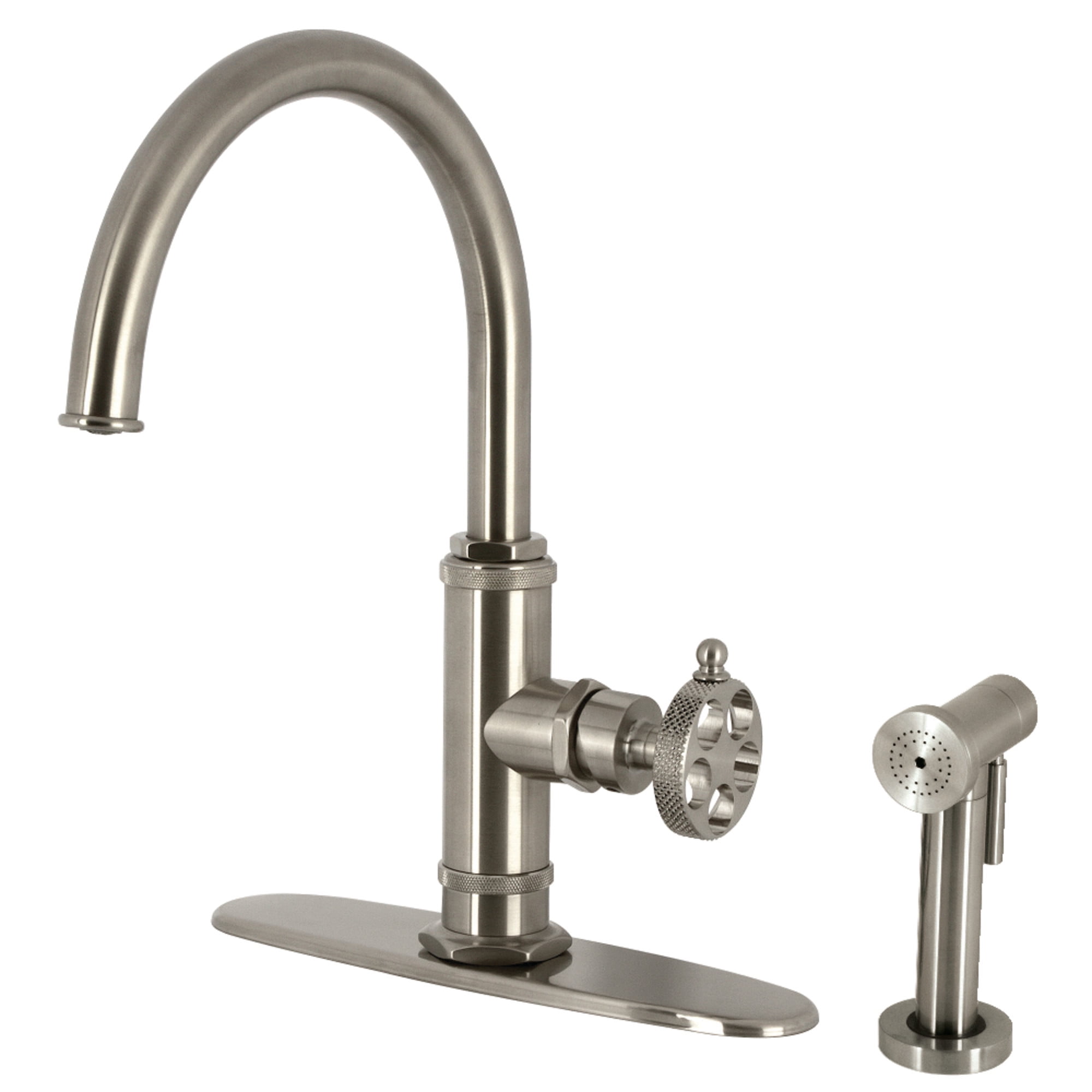 Kingston Brass KS2438RKX Webb Single-Handle Kitchen Faucet with Knurled Handle and Brass Side Sprayer, Brushed Nickel