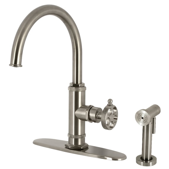 Kingston Brass KS2438RKX Webb Single-Handle Kitchen Faucet with Knurled Handle and Brass Side Sprayer, Brushed Nickel
