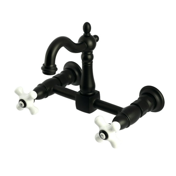 Kingston Brass KS2440PX Heritage Double-Handle Wall-Mount Bridge Kitchen Faucet, Matte Black