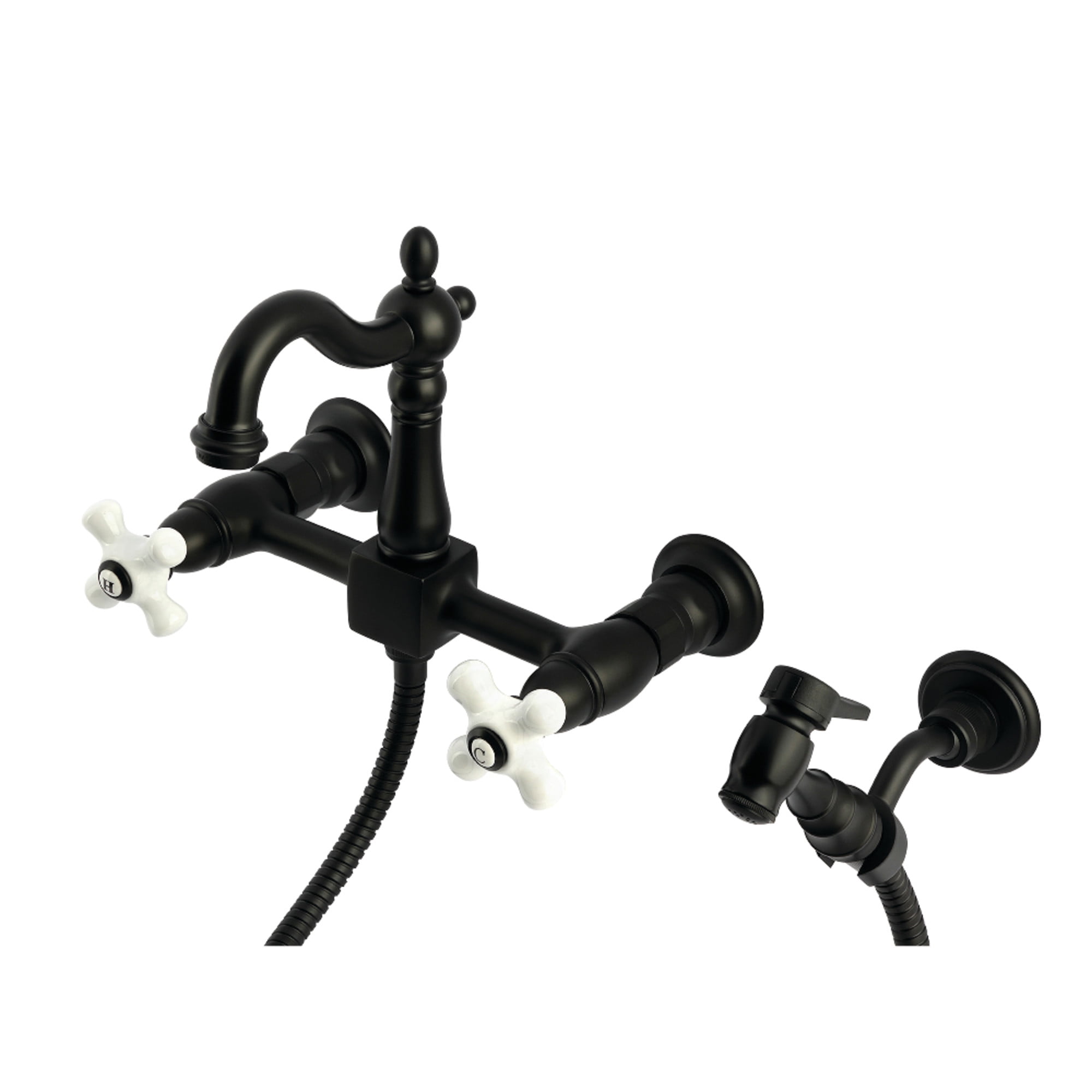 Kingston Brass KS2440PXBS Heritage Double-Handle Wall-Mount Bridge Kitchen Faucet with Brass Sprayer, Matte Black