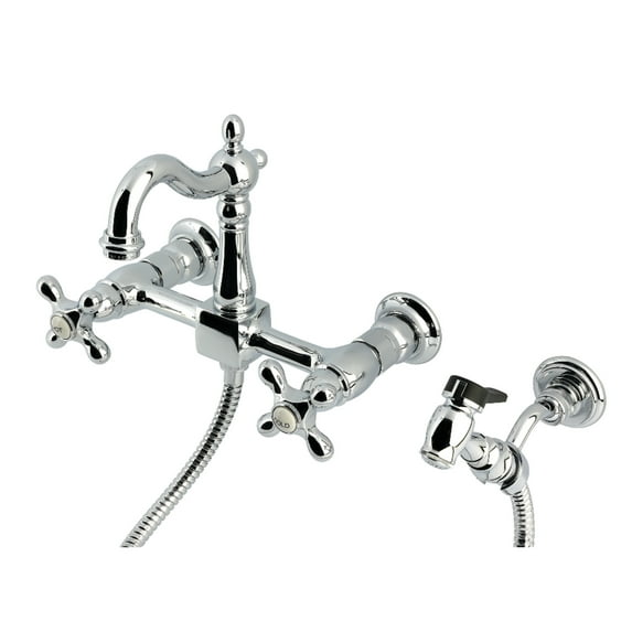 Kingston Brass KS2441AXBS Heritage Double-Handle Wall-Mount Bridge Kitchen Faucet with Brass Sprayer, Polished Chrome