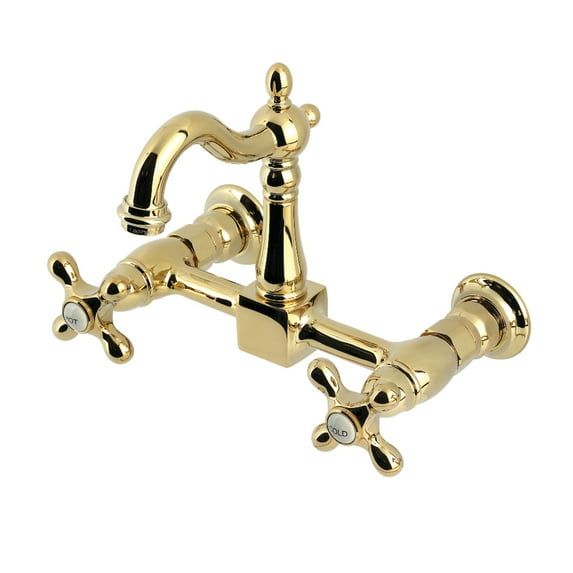 Kingston Brass KS2442AX Heritage Double-Handle Wall-Mount Bridge Kitchen Faucet, Polished Brass