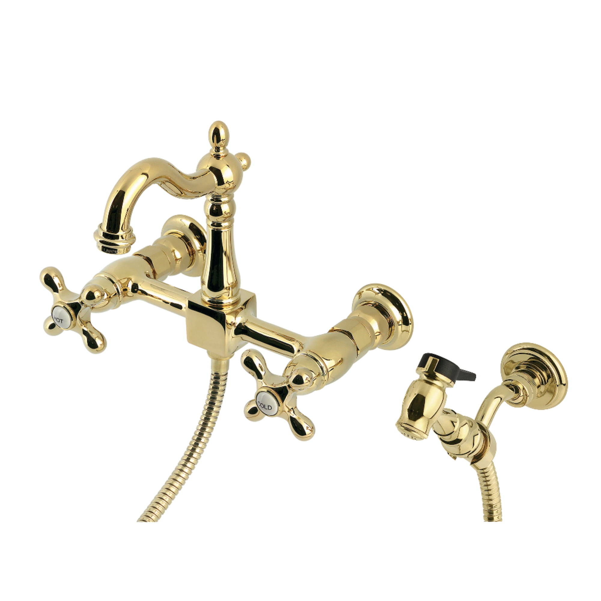 Kingston Brass KS2442AXBS Heritage Double-Handle Wall-Mount Bridge Kitchen Faucet with Brass Sprayer, Polished Brass