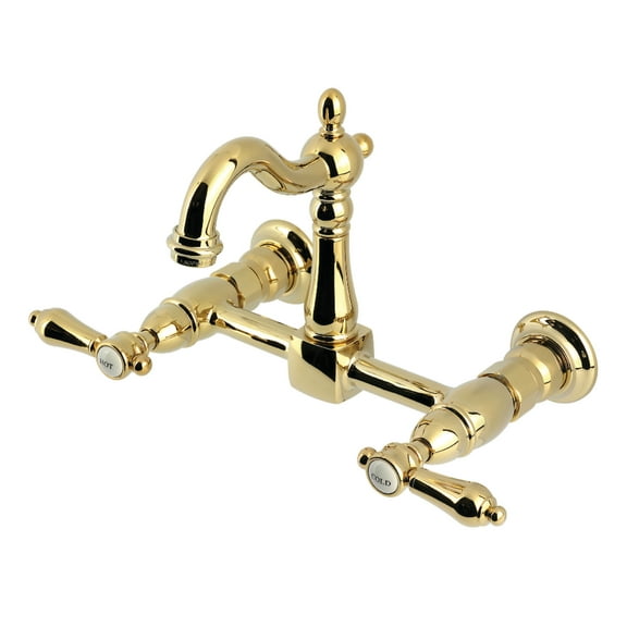 Kingston Brass KS2442BAL Heirloom Double-Handle Wall-Mount Bridge Kitchen Faucet, Polished Brass