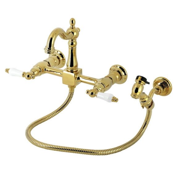 Kingston Brass KS2442PLBS Heritage Double-Handle 3-Hole Wall-Mount Bridge Kitchen Faucet with Brass Sprayer in Polished Brass