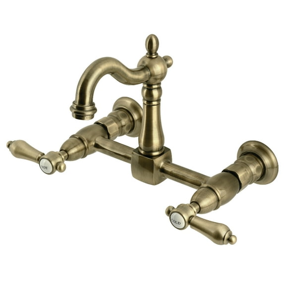 Kingston Brass KS2443BAL Heirloom Double-Handle Wall-Mount Bridge Kitchen Faucet, Antique Brass