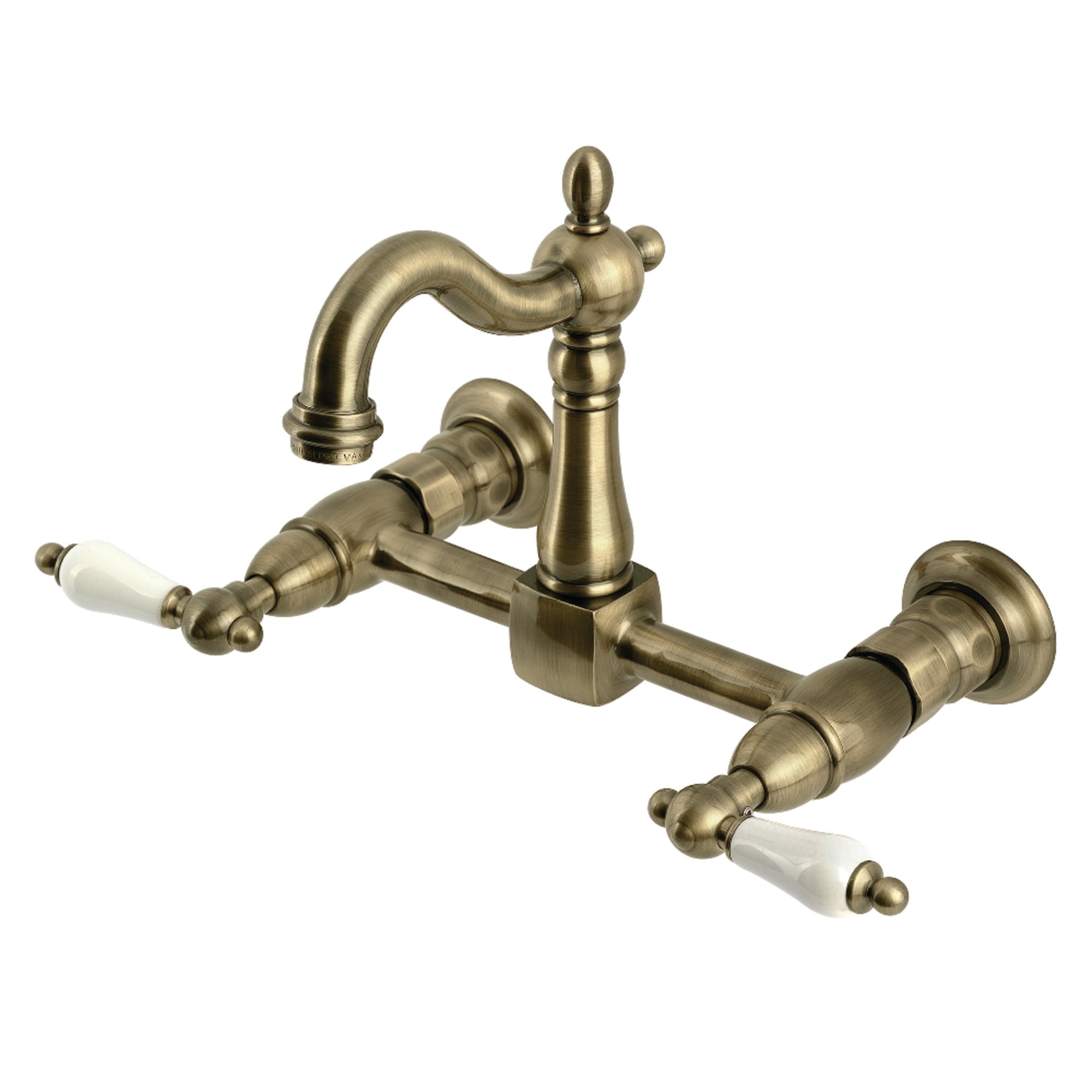 Kingston Brass KS2443PL Heritage Double-Handle Wall-Mount Bridge Kitchen Faucet, Antique Brass