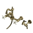 thumbnail image 1 of Kingston Brass KS2443PXBS Heritage Double-Handle Wall-Mount Bridge Kitchen Faucet with Brass Sprayer, Antique Brass, 1 of 7