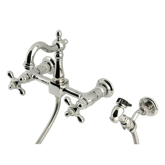 Kingston Brass KS2446AXBS Heritage Double-Handle Wall-Mount Bridge Kitchen Faucet with Brass Sprayer, Polished Nickel