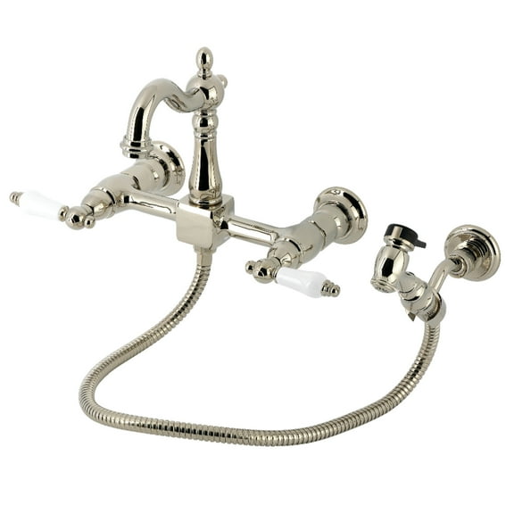 Kingston Brass KS2446PLBS Heritage Double-Handle 3-Hole Wall-Mount Bridge Kitchen Faucet with Brass Sprayer in Polished Nickel