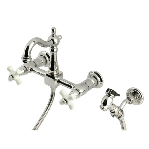 Kingston Brass KS2446PXBS Heritage Double-Handle Wall-Mount Bridge Kitchen Faucet with Brass Sprayer, Polished Nickel