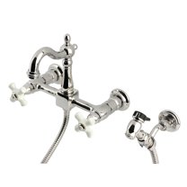 Kingston Brass KS2446PXBS Heritage Double-Handle Wall-Mount Bridge Kitchen Faucet with Brass Sprayer, Polished Nickel