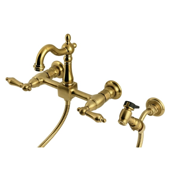 Kingston Brass KS2447ALBS Heritage Double-Handle Wall-Mount Bridge Kitchen Faucet with Brass Sprayer, Brushed Brass