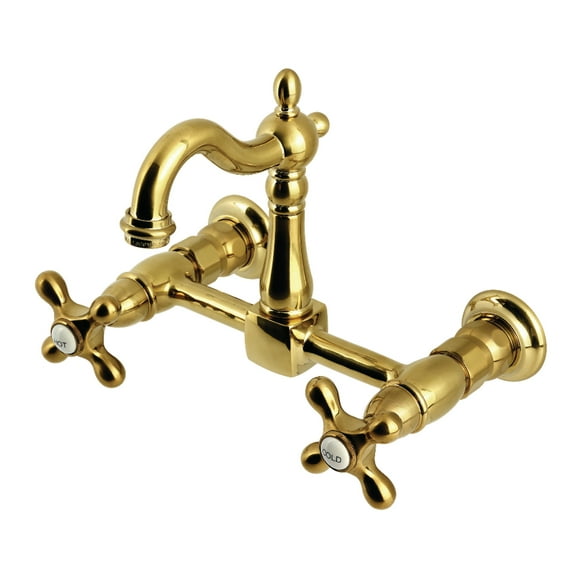 Kingston Brass KS2447AX Heritage Double-Handle Wall-Mount Bridge Kitchen Faucet, Brushed Brass